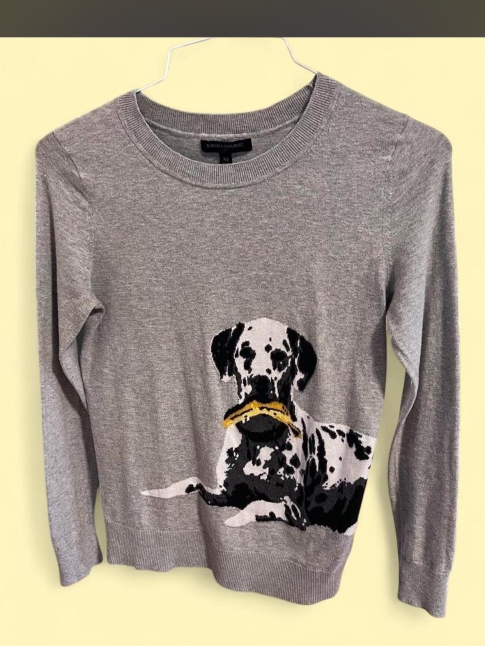 Banana Republic Gray Dalmatian Dog Graphic Sweater with Yellow Banana XS